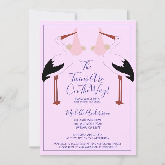 Stork Holding Twin Pink Baby Bundles Baby Dusche Einladung (Vorderseite)