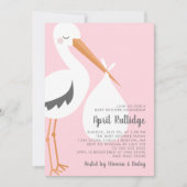 Stork Illustration Pink Girl Babydusche Einladung (Vorderseite)