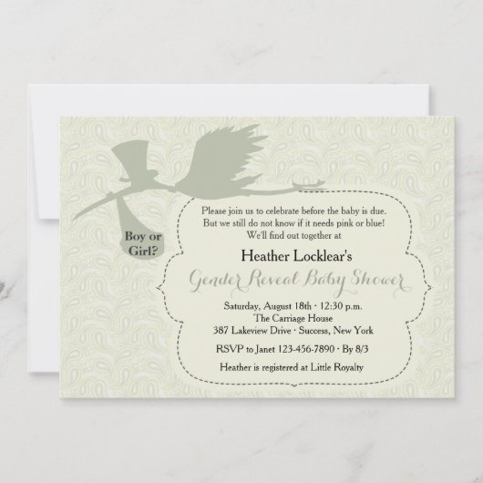 Stork ist auf dem Weg Gender Reveal Baby Dusche Einladung (Vorderseite)