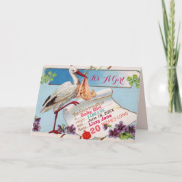 STORK,KLEEBLÄTTER GiRL BABY ZEIGEN GEBURTSSTATT Einladung