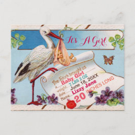 STORK,KLEEBLÄTTER GiRL BABY ZEIGEN GEBURTSSTATT Einladungspostkarte