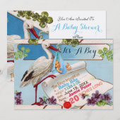 STORK, KLEEBLATTS BABY SHOWER GEBURTSTATT EINLADUNG (Vorne/Hinten)