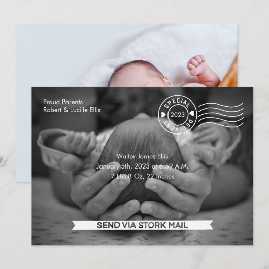 Stork Mail Geburtsankündigung Ankündigung (Vorne/Hinten)