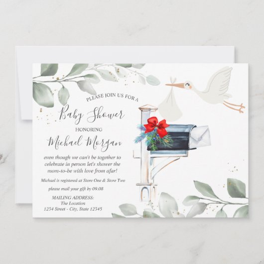 Stork Mailbox Babydusche per Post Einladung (Vorderseite)