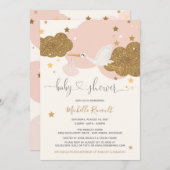 Stork Pink und Gold Glitzer Girl Baby Dusche Einladung (Vorne/Hinten)