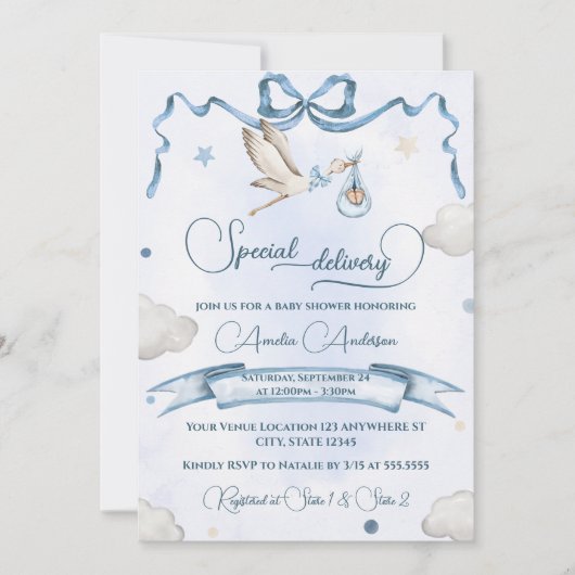 Stork Special Delivery Ribbon Bow Baby Shower Einladung (Vorderseite)