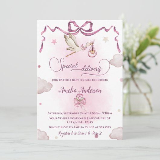Stork Special Delivery Ribbon Bow Baby Shower Einladung (Stehend Vorderseite)