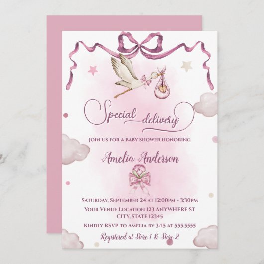 Stork Special Delivery Ribbon Bow Baby Shower Einladung (Vorne/Hinten)