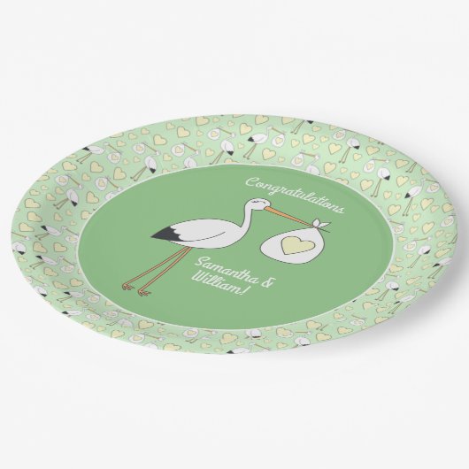 Stork Spring Baby Dusche Pappteller (Schrägansicht)