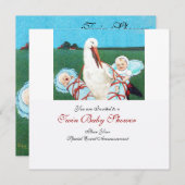 STORK TWIN BABY BOY SHOWER, aquamarin blau Einladung (Vorne/Hinten)