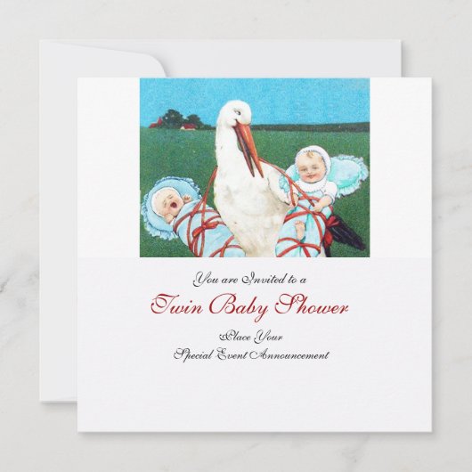 STORK TWIN BABY BOY SHOWER, aquamarin blau Einladung (Vorderseite)