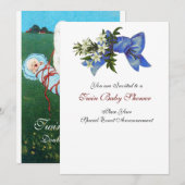 STORK TWIN BABY BOY SHOWER Blue White Invasion Einladung (Vorne/Hinten)