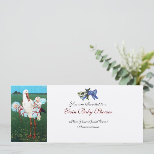 STORK TWIN BABY BOY SHOWER Champagne Metallic Einladung (Stehend Vorderseite)