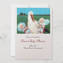 STORK TWIN BABY BOY SHOWER , Champagner metallic Einladung