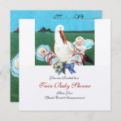 STORK TWIN BABY BOY SHOWER , Champagner metallic Einladung (Vorne/Hinten)
