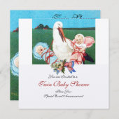 STORK TWIN BABY DUSCHE , Champagner metallisch Einladung (Vorne/Hinten)