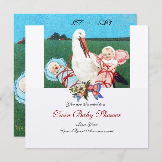 STORK TWIN BABY DUSCHE , Champagner metallisch Einladung (Vorne/Hinten)