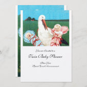 STORK TWIN BABY DUSCHE Pink White Einladung (Vorne/Hinten)