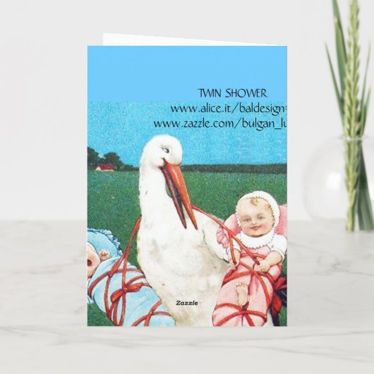 STORK TWIN BABY DUSCHE, rosa, Aquamarin blau Dankeskarte (Rückseite)