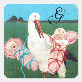 STORK TWIN BABY GIRL DUSCHMONOGRAMM QUADRATISCHER AUFKLEBER