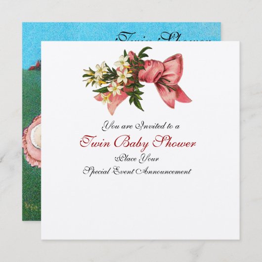 STORK TWIN BABY GIRL SHOWER , Champagner metallisc Einladung (Vorne/Hinten)