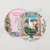 STORK TWIN BABY MÄDCHEN DUSCHE, FLORALISCHE GEMSTO EINLADUNG (Vorne/Hinten)