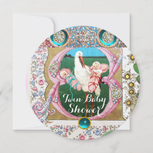 STORK TWIN BABY MÄDCHEN DUSCHE, FLORALISCHE GEMSTO EINLADUNG