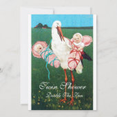 STORK TWIN BABY MÄDCHEN DUSCHE Pink Weiß Einladung (Rückseite)