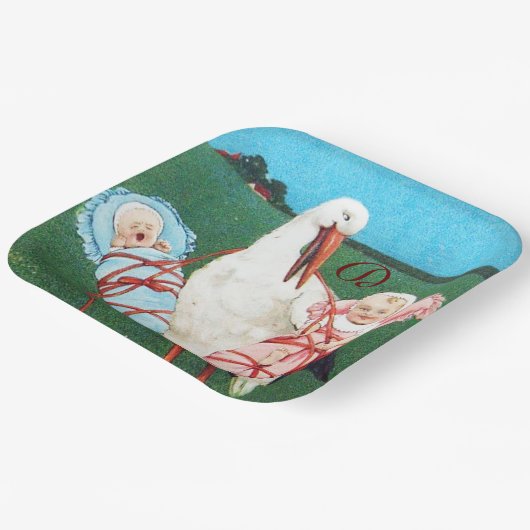 STORK TWIN BABY SHOWER MONOGRAM PAPPTELLER (Gewinkelt)