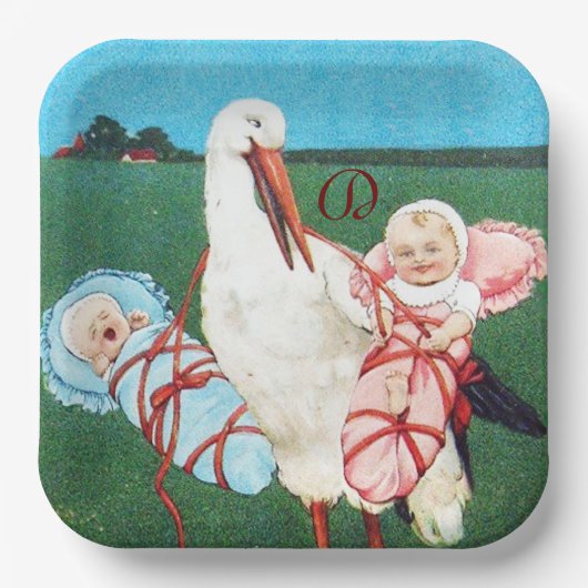 STORK TWIN BABY SHOWER MONOGRAM PAPPTELLER (Vorderseite)