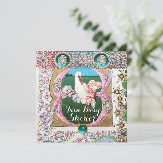 STORK TWIN BOY - MÄDCHEN-BABY-DUSCHE, BLUMENVERSTÄ EINLADUNG (Stehend Vorderseite)