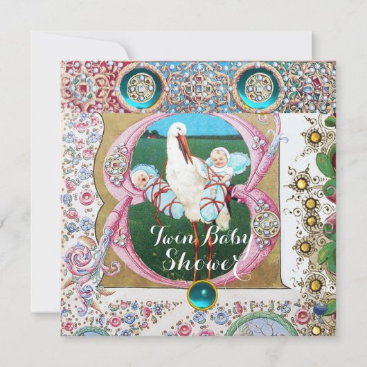STORK TWIN BOYS BABY SHOWER, FLORAL GEMSTONES EINLADUNG (Vorderseite)