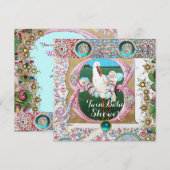 STORK TWIN BOYS BABY SHOWER, FLORAL GEMSTONES EINLADUNG (Vorne/Hinten)