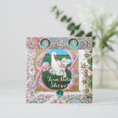 STORK TWIN BOYS BABY SHOWER, FLORAL GEMSTONES EINLADUNG (Stehend Vorderseite)