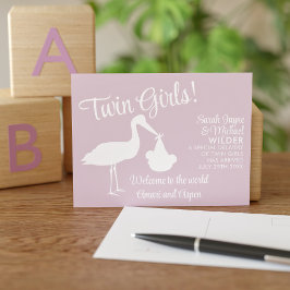 Stork Twin Girls Rosa Geburtserklärung Postkarte