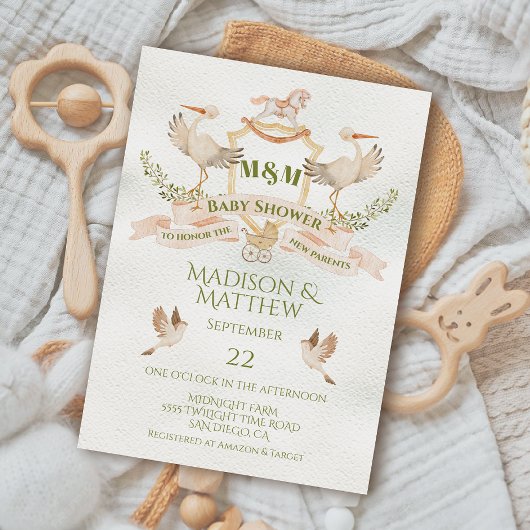 Stork Wappen Watercolor Babydusche Einladung
