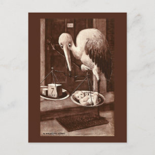 Stork Weighing New Baby Vintag Ankündigungspostkarte