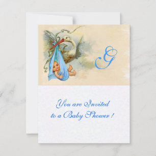 STORK WHITE BLAUE BABY BOY SHOWER MONOGRAM EINLADUNG