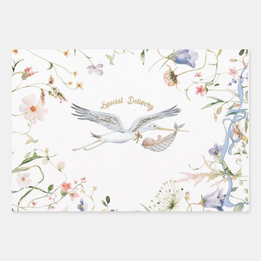 Stork Wildblume Ribbon Babydusche Geschenkpapier Set (Vorderseite)