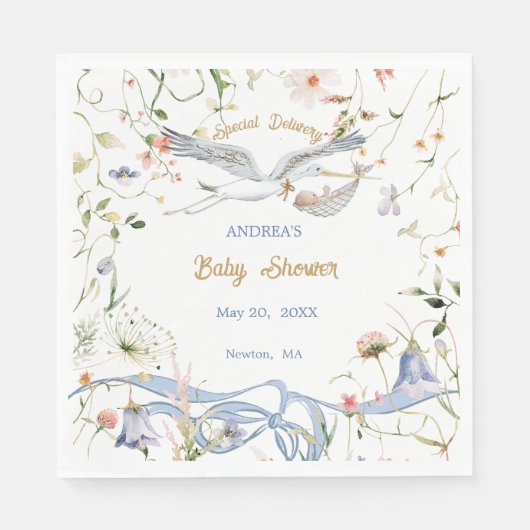 Stork Wildblume Ribbon Babydusche Papier Napkin Serviette (Vorderseite)