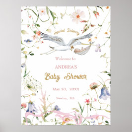 Stork Wildblume Ribbon Babydusche Willkommen Poster