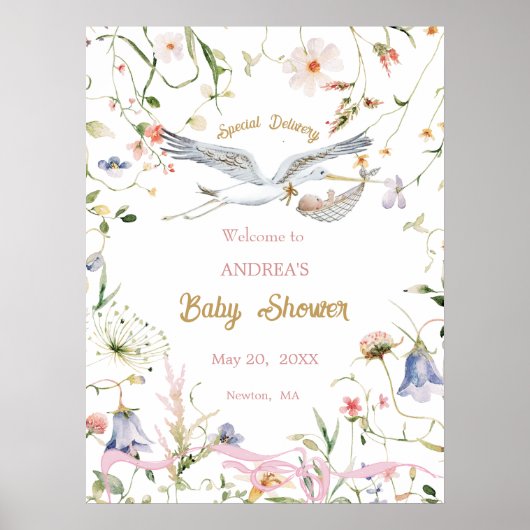 Stork Wildblume Ribbon Babydusche Willkommen Poster (Vorne)