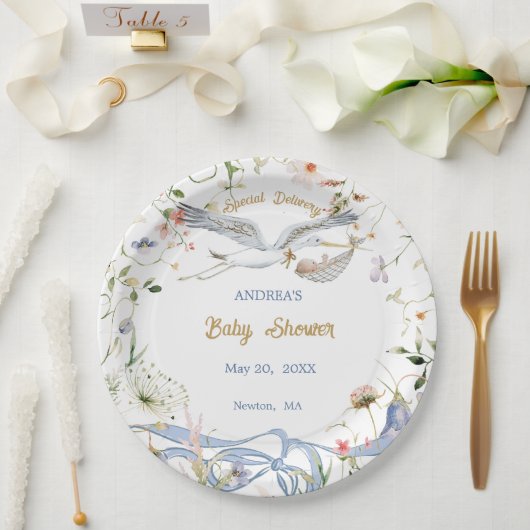Stork Wildblume Ribbon Babyduschpapier Pappteller (Hochzeit)