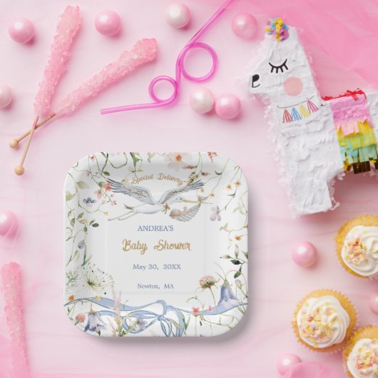 Stork Wildblume Ribbon Babyduschpapier Pappteller (Party)