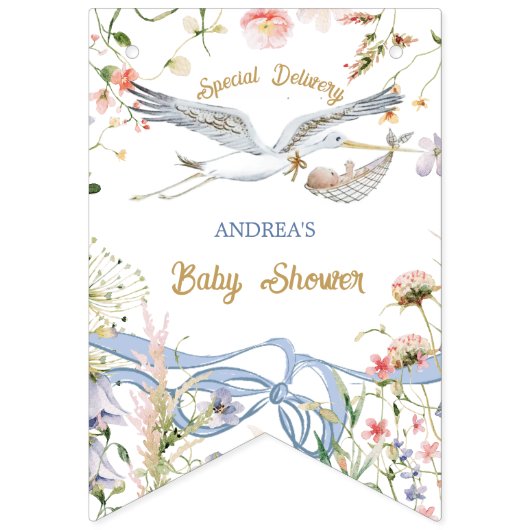 Stork Wildblume Ribbon und Bow Baby Dusche Wimpelkette (Erste Fahne)