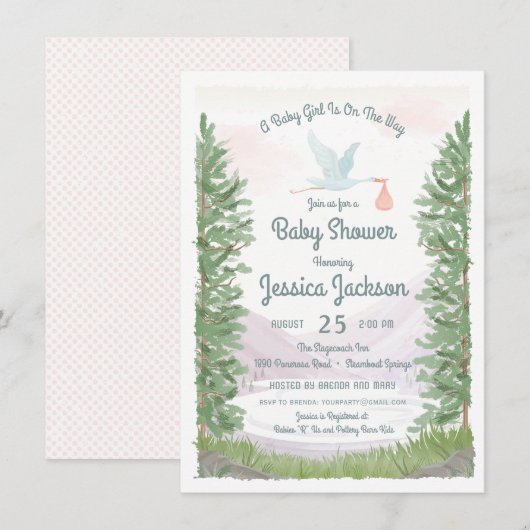 Stork's Journey Baby Girl Shower Einladung (Vorne/Hinten)
