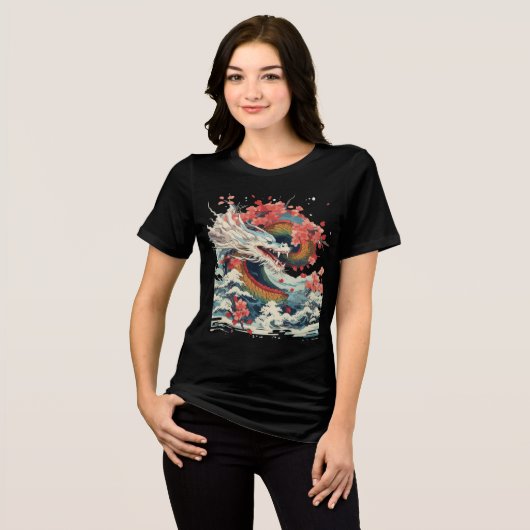 Storm Dragon with Sakura and Waves Tri-Blend Shirt (Vorderseite voll)
