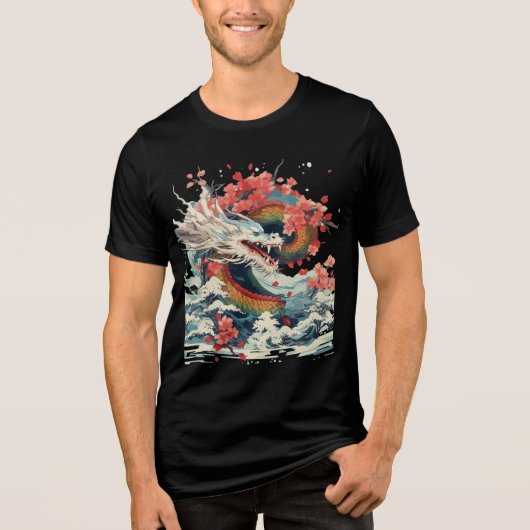 Storm Dragon with Sakura and Waves Tri-Blend Shirt (Vorderseite)