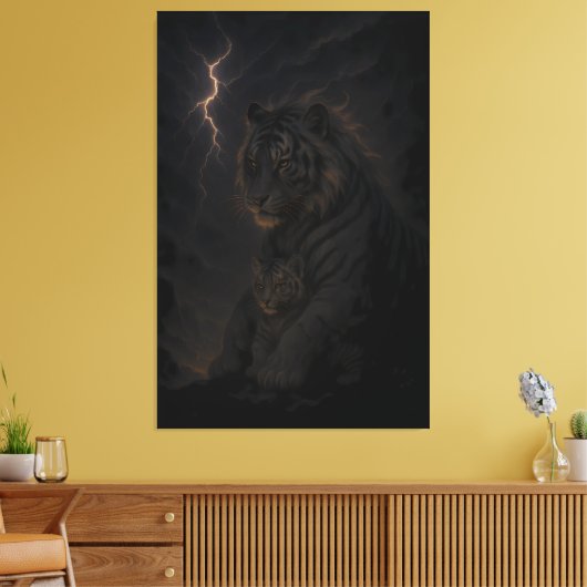 Storm Guardian Tiger & Cub – Dark Fantasy Animal A Leinwanddruck (Insitu (Wohnzimmer))