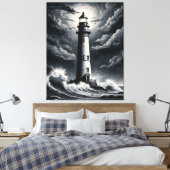 Storm Lighthouse – Dramatic Black and White Coasta Leinwanddruck (Insitu (Schlafzimmer))